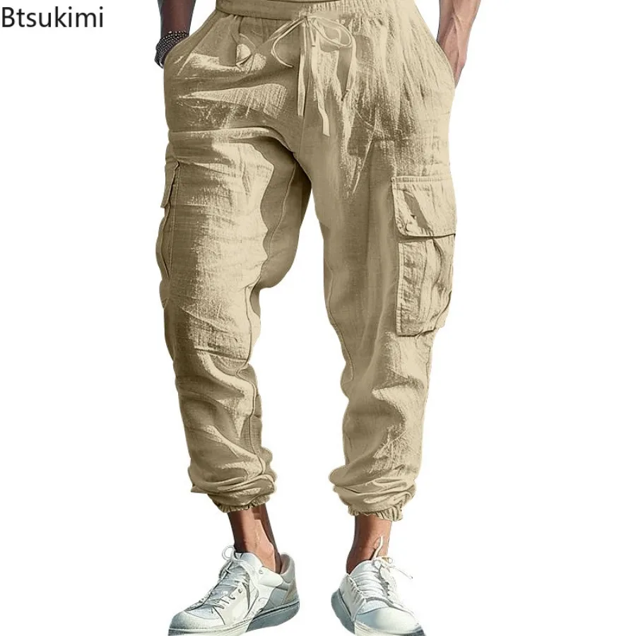 2025 Men's Cotton Linen Pants Loose Breathable Casual Pants Elastic Waist Lightweight Baggy Trousers Male Cargo Pants Streetwear