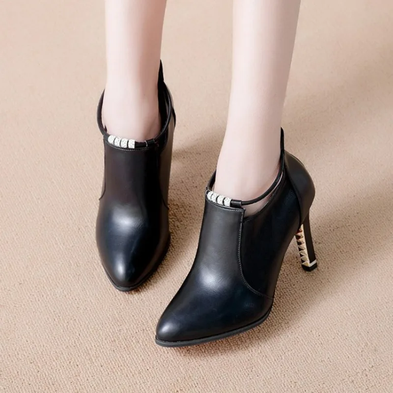 Stiletto Thin Heel Pointed Toe Faux Leather Zipper Sexy Boots Ankle Women Boot Red High Heels 9cm Spring Autumn 40 Boot
