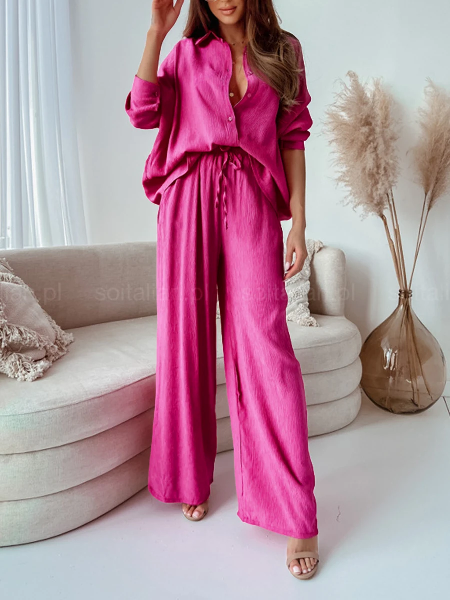 Women s 2 Piece Outfits Summer Co Ords Sets For Women Long Sleeve Shirts Wide Leg Trousers Set Lounge Wear Sets