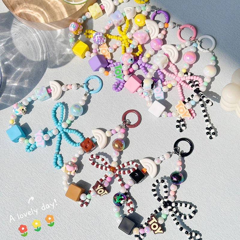 Creative New Bow Hand-painted Bead Beaded Mobile Phone Hanging Ornaments Backpack Decoration Earphone Cover DIY Pendant