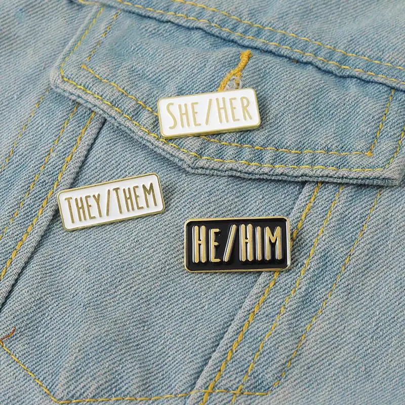 Simple Pronouns Enamel Pins Custom HE HIM SHE HER THEY THEM Brooches Black White Lapel Badges Fun Jewelry Gift for Friends