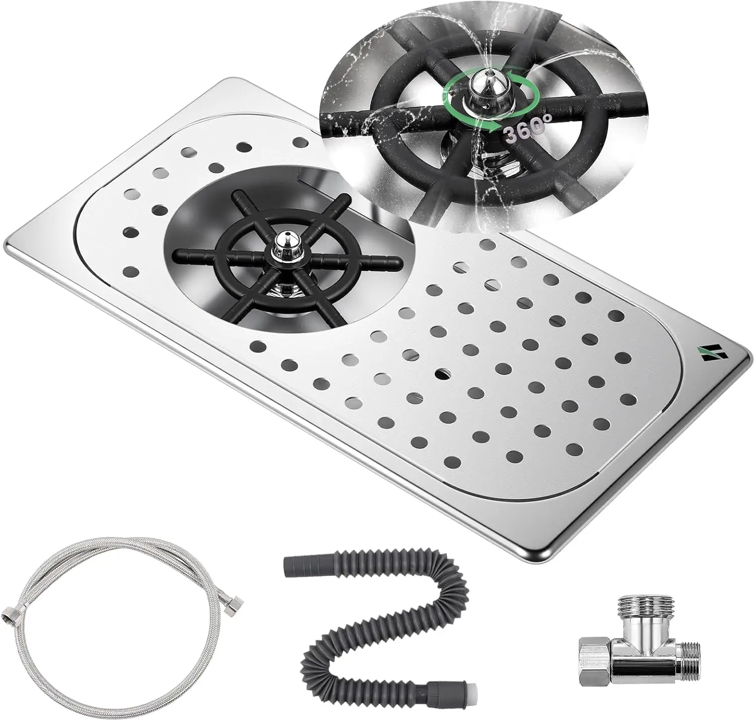 

Pitcher Rinser with 360 Degree Rotating High-Pressure Nozzle | Stainless Steel Glass Rinser with Drain and Drip Tray | Au