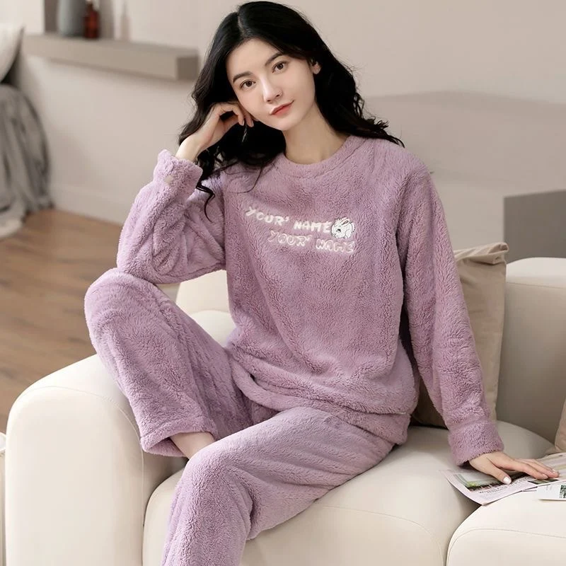 Autumn Winter Cartoon Pajamas Sets for Women Warm Thicken Pajamas Long Sleepwear Girl Night Suits Coral Fleece Homewear Clothes