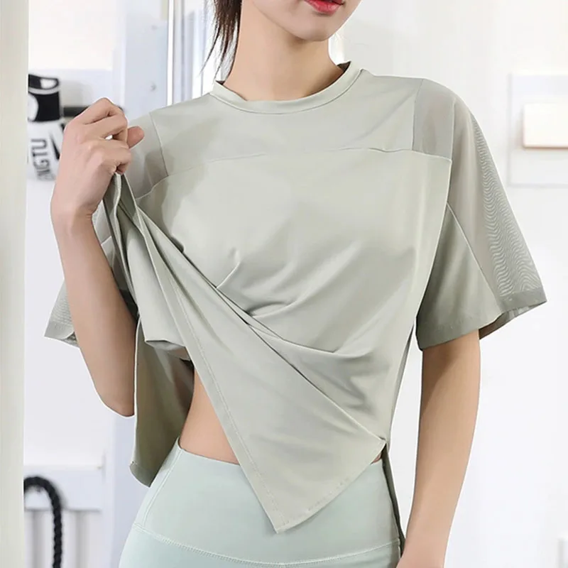 

Женская футболка для йоги, быстросохнущая, летняя, для тренировок, для спортзала, бега, фитнеса, дышащая, свободная, спортивная рубашка, топ для активного отдыха