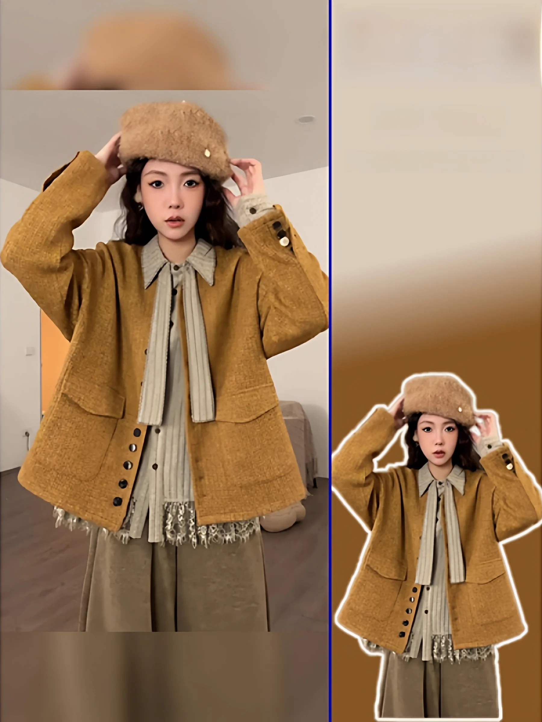 

Ретро-комплект из двух предметов: свободная верхняя одежда с кружевным подолом и текстурой под горчицу, для женщин больших размеров, комфортный, теплый, с длинными рукавами