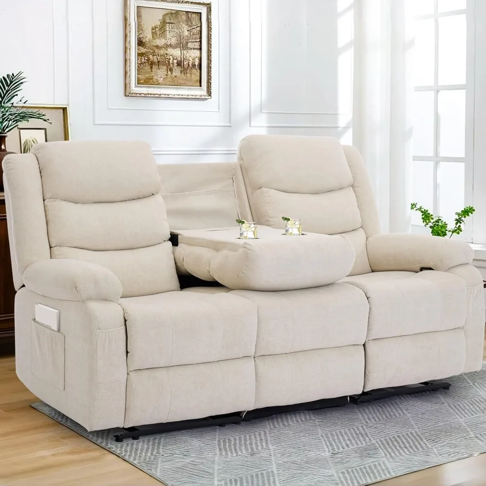 Recliner Sofa, Recliner Loveseat with Console, Oversized Recling Couch with Pull-Down Table, 3-Seater Sofa with Cup Holders