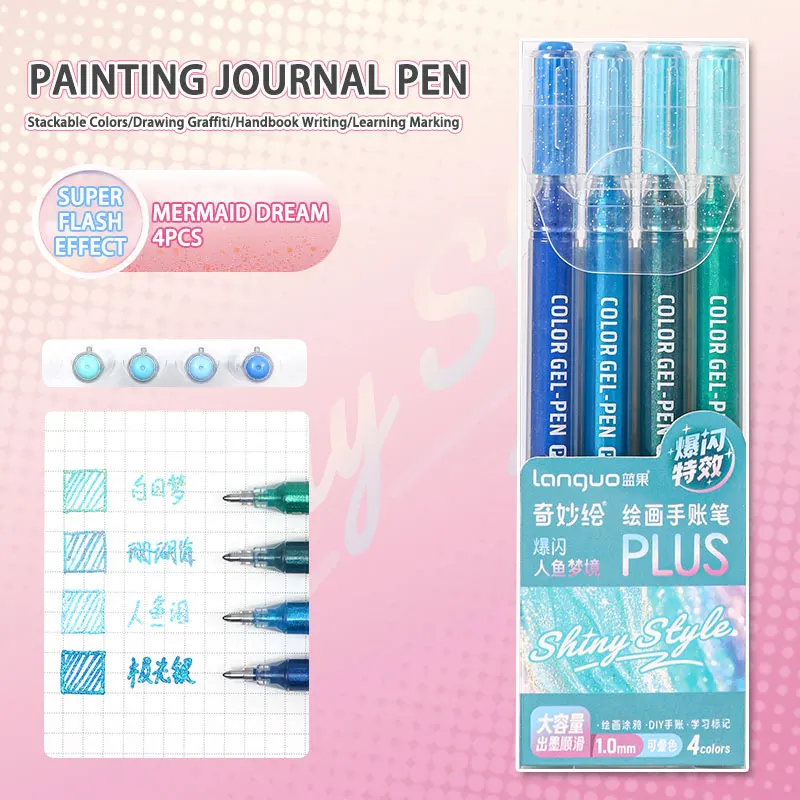 Languo Hand Account Pen 4/6 kleuren Grote capaciteit Flash Speciale effecten Hoge schoonheid Schilderen Neutrale pen Studententekenbenodigdheden