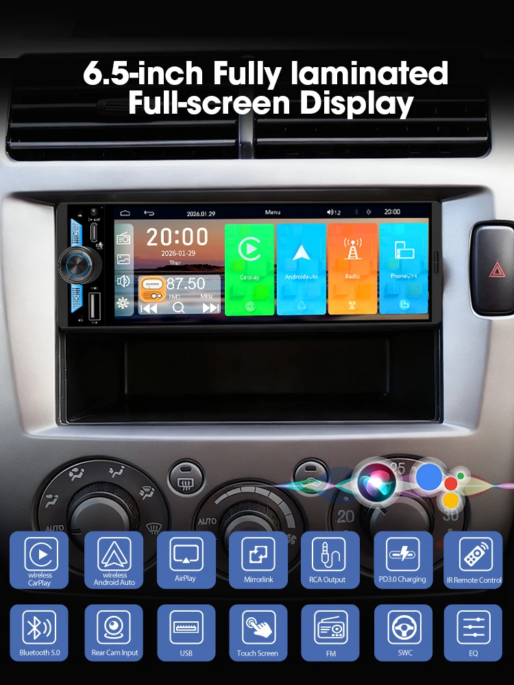 6,5 inch 1Din IPS scherm draadloze Carplay Android Auto Airplay autoradio MP5 speler stereo Bluetooth FM Type-C PD3.0 snelladen - afbeelding 2