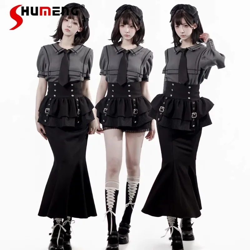

Spring And Autumn New Japanese Style Premium Grey Design Long Sleeves Shirt Lolita Cool Waist Skinny Fishtail Skirt For Ladies
