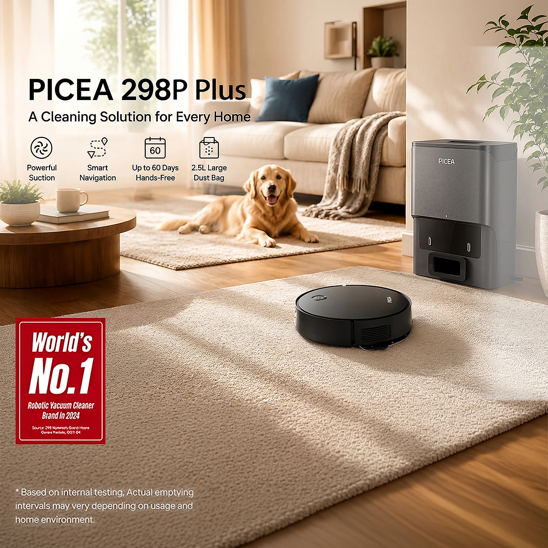 PICEA 298P Plus 10Kpa Point Laser And IMU Navigation Self-empty Flat Mop Robot Vacuum Cleaner With 2.5L Dust Collection Station