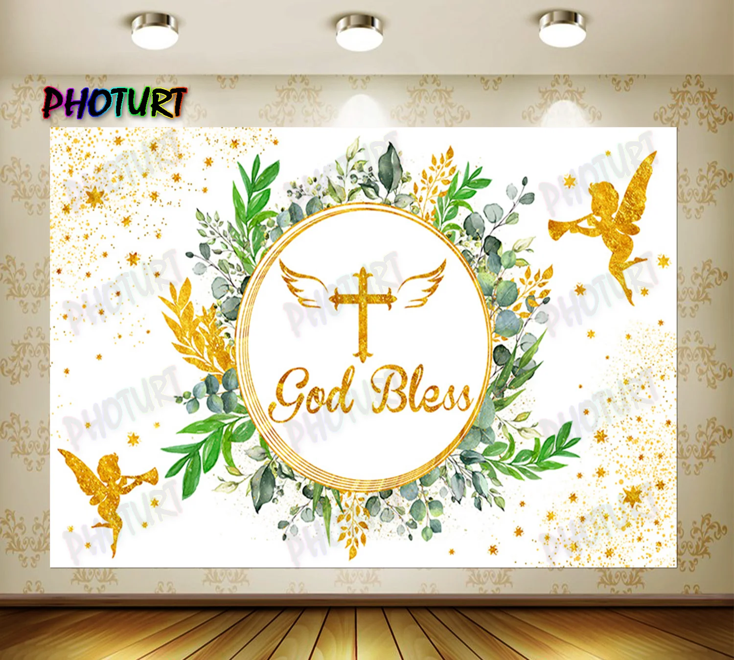 PHOTURT Baby Baptism Backdrop Kids 1st Birthday Background Golden Cross Vinyl Polyester Photography Studios Decoration Props