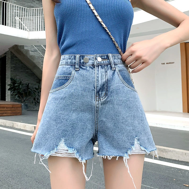 

High Waist A-Line Shorts Women's Jeans High Waist Drawstring Korean Style Outerwear Summer Trend plus Size Blue