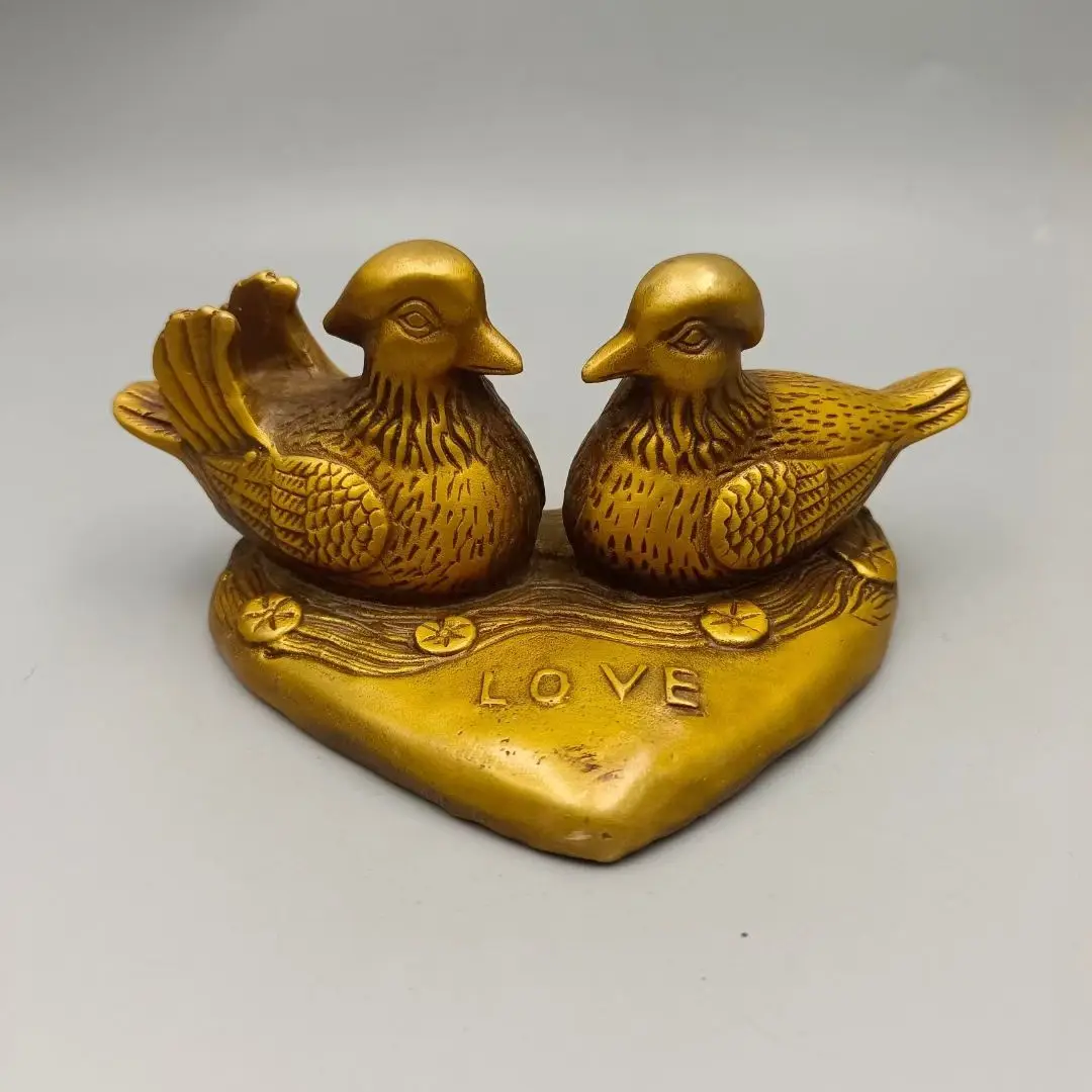 Brass Ornament with Heart, Love & Mandarin Ducks, Auspicious Decor Symbolizing Lifelong Happy Marriage