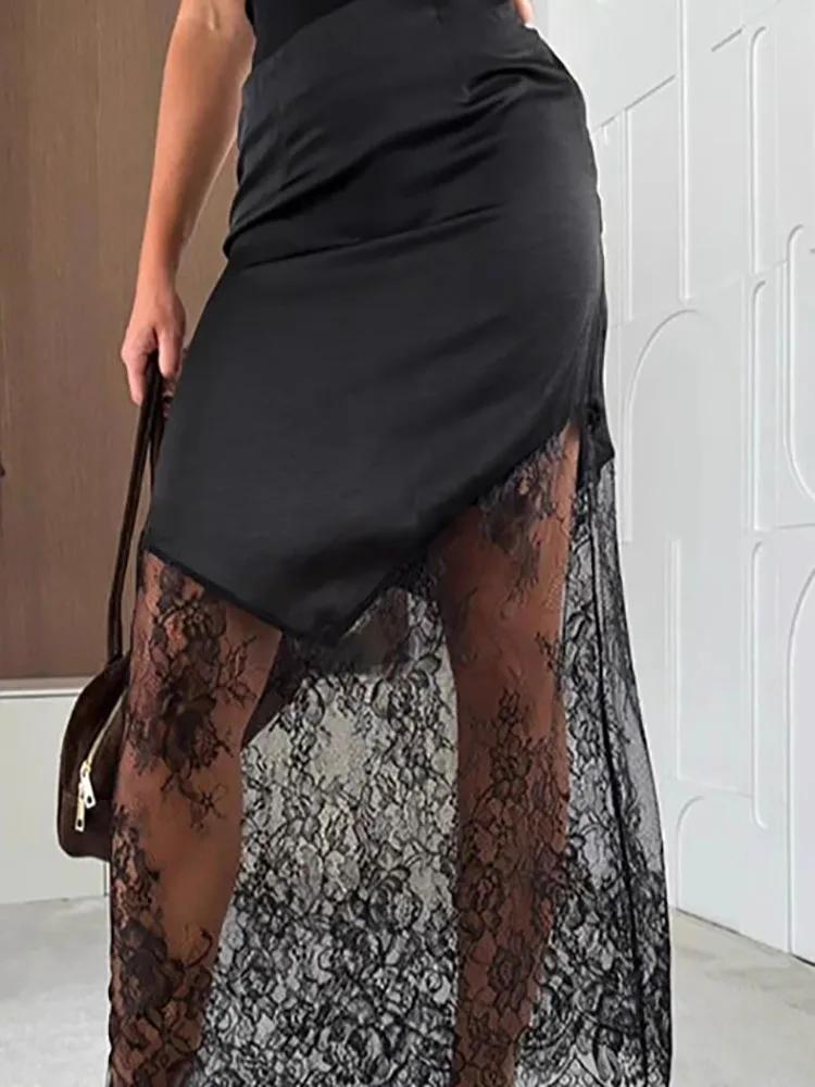 

Women Elegant Autumn Office Skirts FashionTemperament Lace Patchwork Long Skirts Casual High Waist Solid Color Irregular Skirt