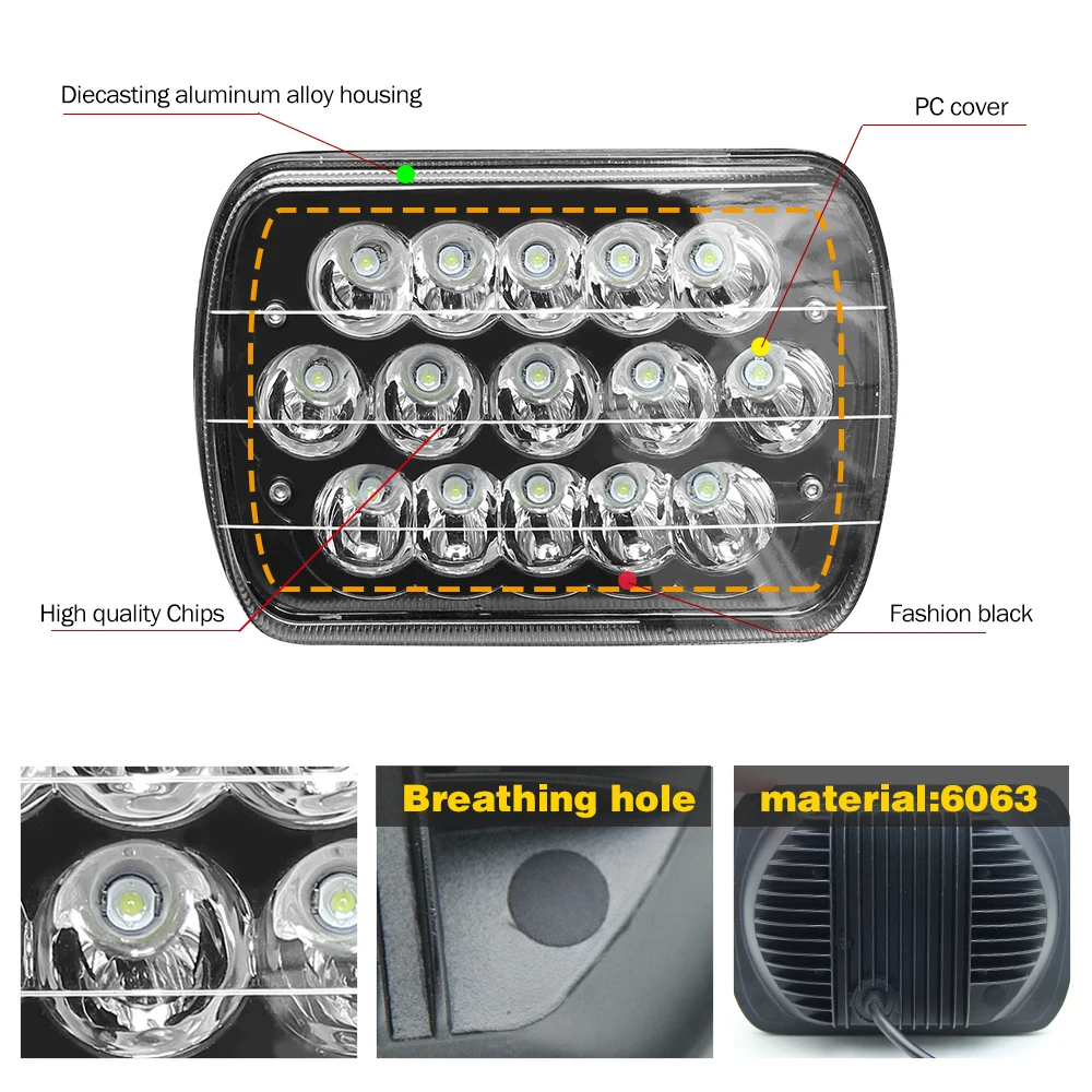 HL 5x7 Inch LED Car Headlight For Wrangler YJ Rectangular High Low Beams H4 Car Headlamp 6000K LED Drving Light off-road use