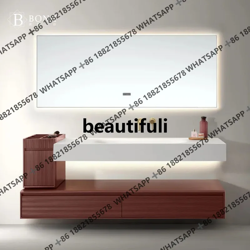 

Modern simple solid wood paint bathroom cabinet Corian integrated basin toilet washstand