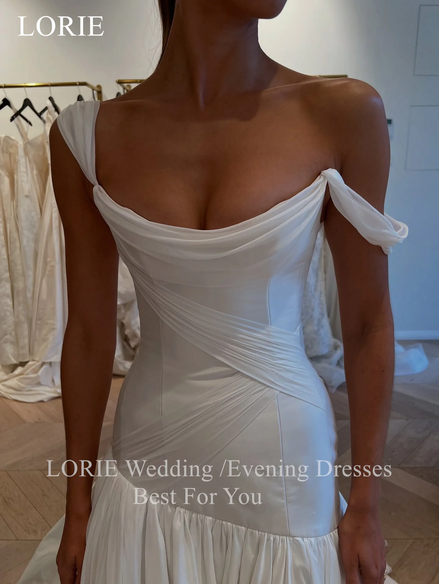 Lorie elegante cetim fora do ombro vestidos de casamento drapeado a linha noiva vestido de baile chique longo trem vestidos de noiva personalizado