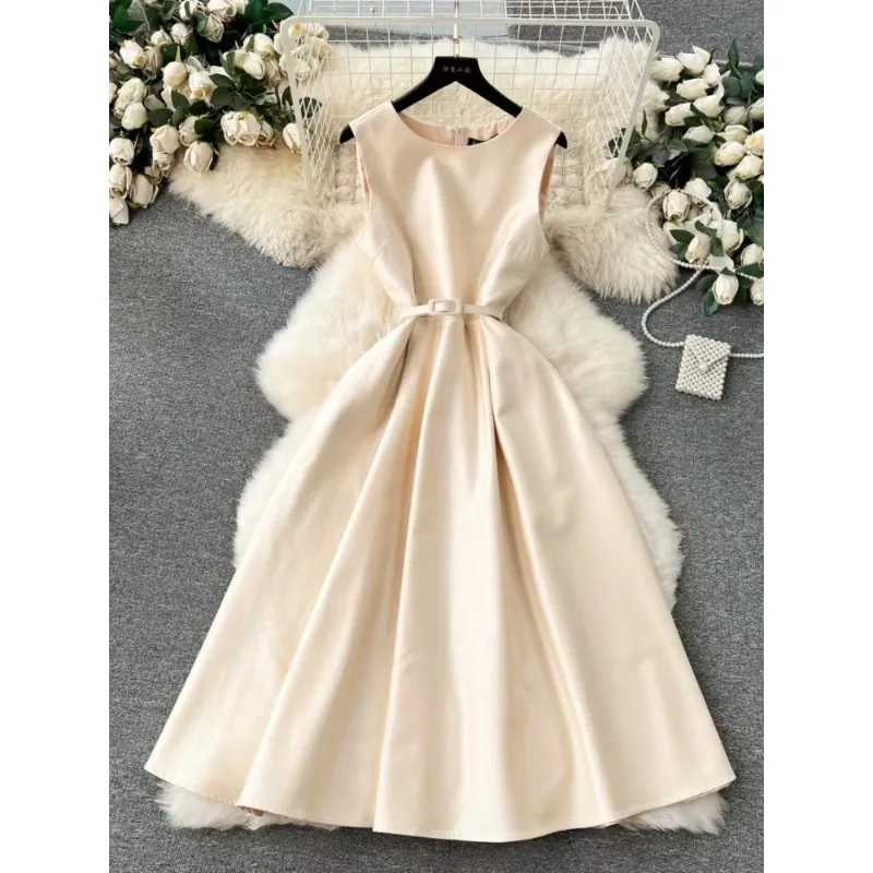 

Sweet Memory Black Apricot Dresses O-neck Sleeveless Gown Princess Casual Lady Girl Party Dress A-line Midi Dress with Belt