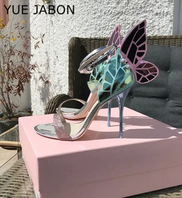 

Designer Shoes Women Luxury 2025 Multicolor Butterfly Heels Sandals Women Metallic Leather High Heel Dress Wedding Sandals