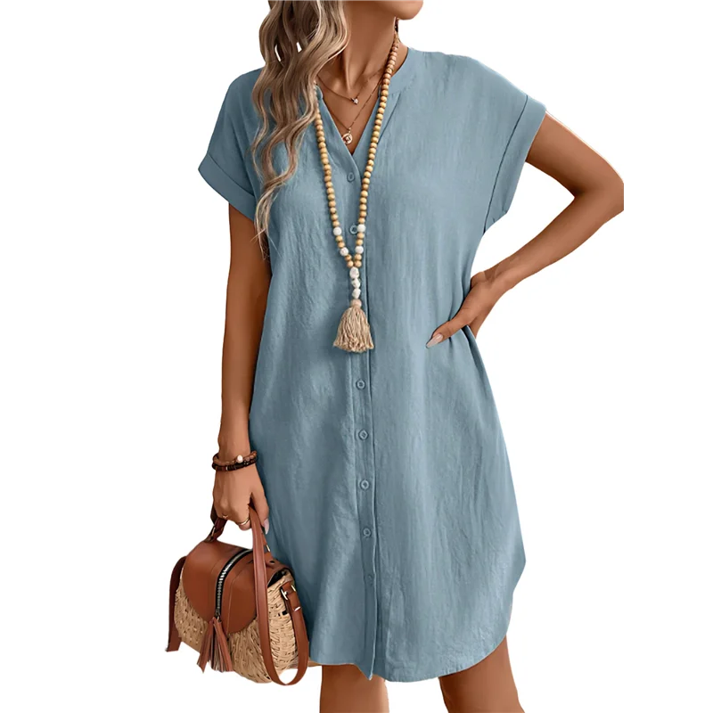 ABRT-Damen Leinenkleid Frühling Sommer Lässige Flügelärmel V-Ausschnitt Midi Button-Down-Hemdkleider