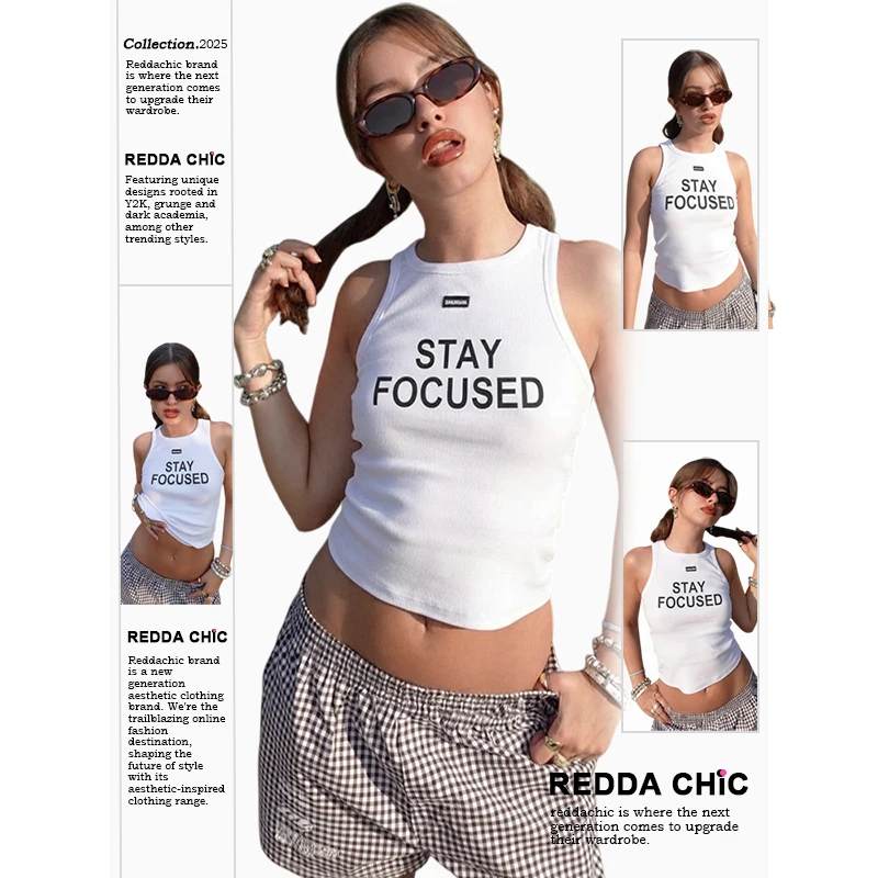 

ReddaChic Sporty Women Tank Top Casual White Camisole Lettering Racerback Rib Knit Sleeveless Vest Street Hiphop Summer Clothes
