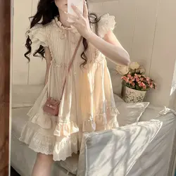 Summer Kawaii Lolita Mini Dress Women Korean Style Ruched Fairy Dresses Flying Sleeve Female Japanese Sweet Cute Dress 2023 New