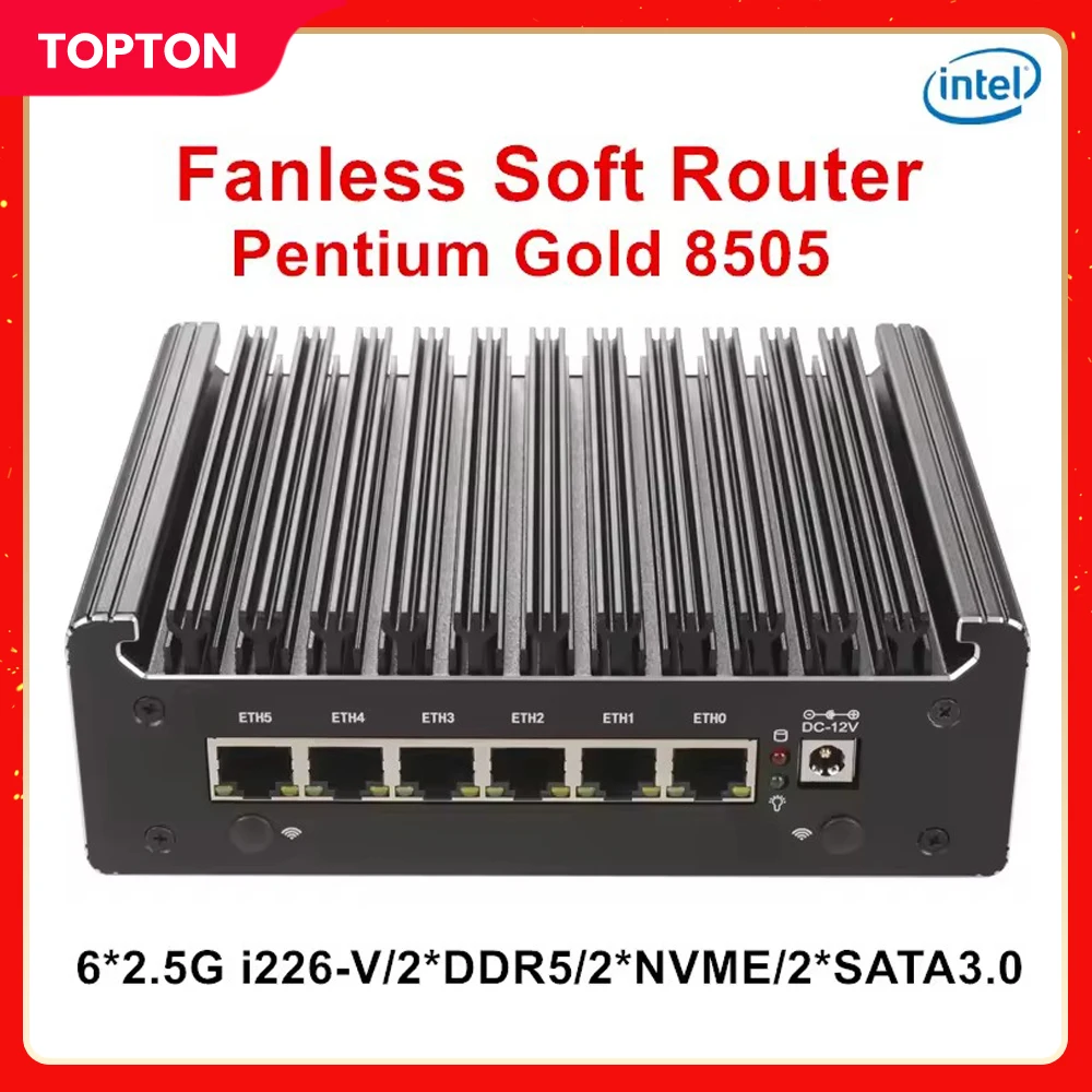 

Solid Fanless Firewall Mini PC Pentium Gold 8505 Intel N150 6x2.5G LAN DDR5 DDR4 NVMe SATA Proxmox pfSense Computer Home Server
