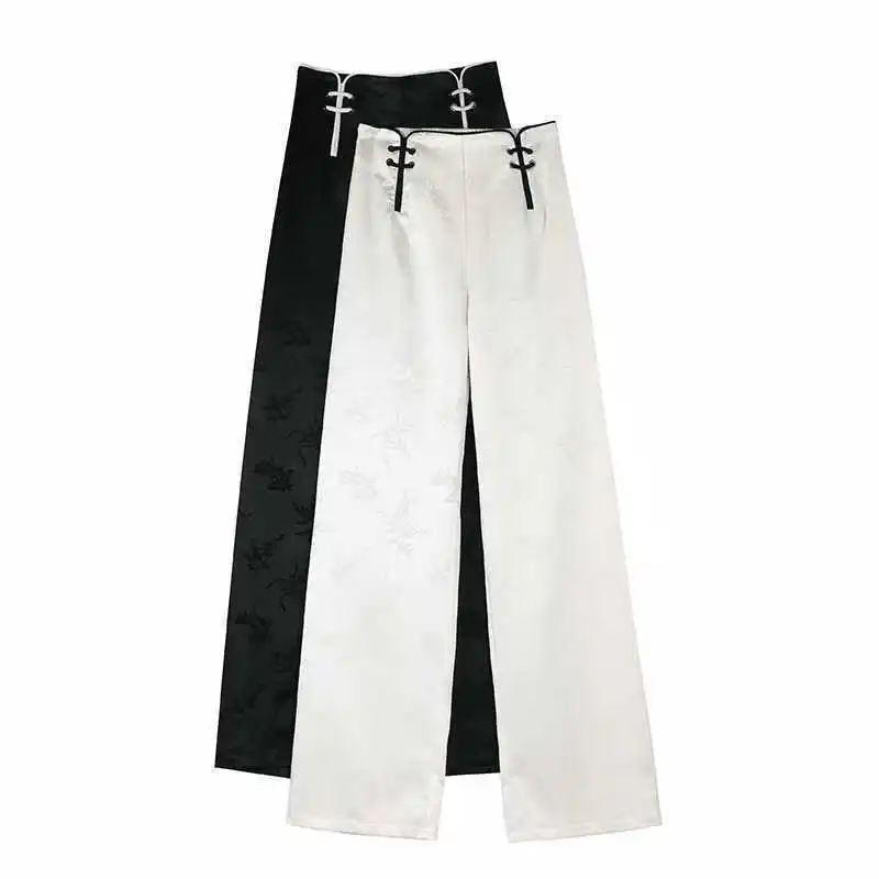 New Chinese  casual pants for women in summer, high waisted and slim Narrow straight leg pants length and wide legs