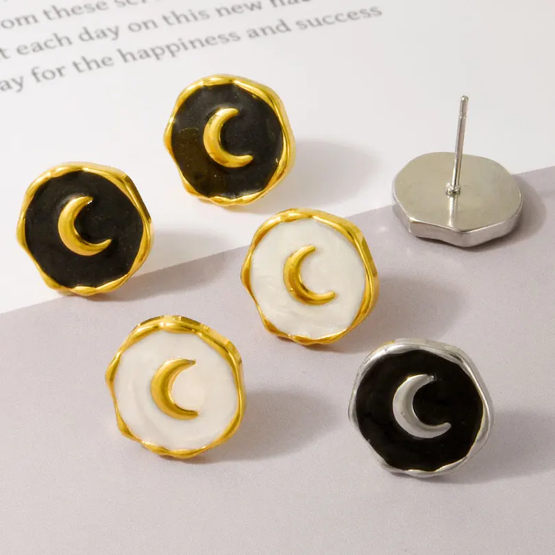 1pair Stainless Steel Enamel Earring Gold Color Moon Black And White Drip Earring For Women Daily Wear Jewelry Party Gift