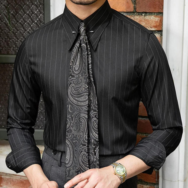 Camisa informal de negocios para hombre, ropa de Manga larga, Social, coreana, con estampado a rayas, otoño, 2023