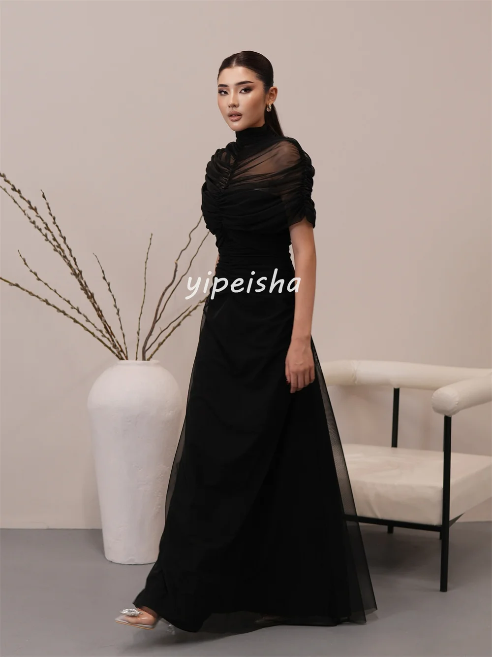 Personalizado estilo moderno tule plissado ruched drapeado em linha reta gola alta vestidos longos sob medida vestidos de ocasião tamanhos disponíveis