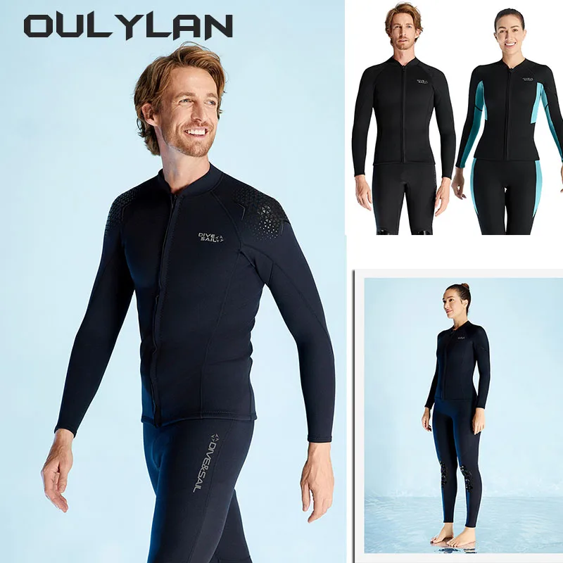 Oullan เสื้อดำน้ำ1.5มม. แขนยาว Baju menyelam Neoprene สำหรับผู้หญิงผู้ชายเสื้อโค้ทดำน้ำตื้นเสื้อแจ็คเก็ตโต้คลื่นชุดว่ายน้ำกันหนาว