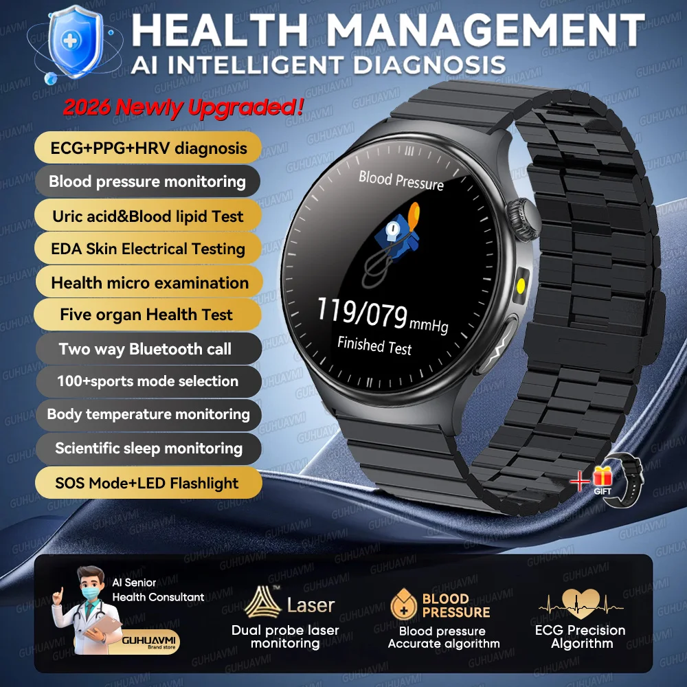 2026 Nieuwe Micro Fysieke Onderzoek Gezondheid Smartwatch Heren ECG Urinezuur Lipiden Bloeddruk BT Oproep Smartwatch Voor Android IOS