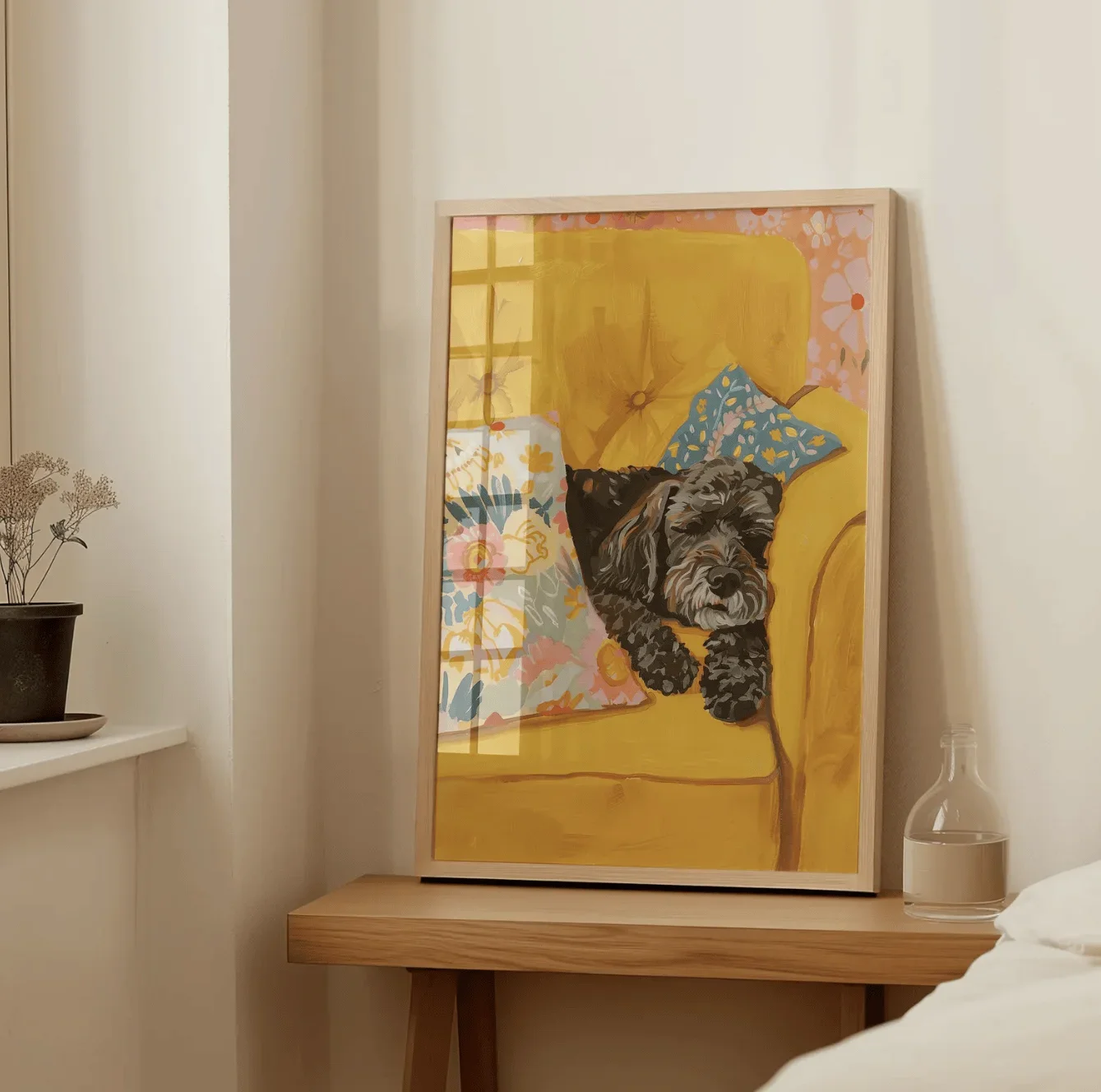 1pc frameless Canvas Painting Colorful Yellow Sofa Sleeping Schnauzer Canvas Prints, Floral Cushion Cute Dog Posters Living Room