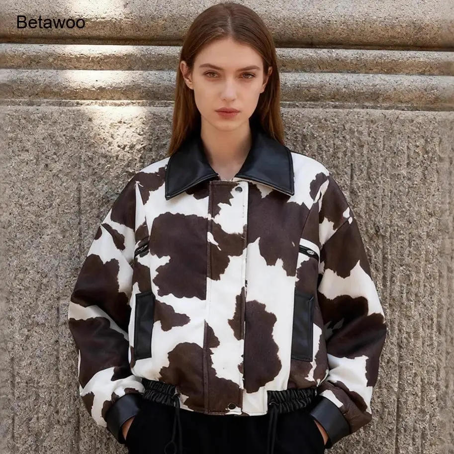 

Women's Cow Print Suede Jacket Faux Leather Collar Zip Up Coat Long Sleeve Casual Outerwear Vintage Streetwear Top Autumn Winter