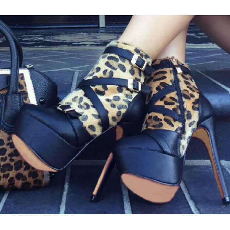 

Ladies High Platform Ankle Boots Leopard Horsehair Black Boots Super High Heels Zipper Party Woman Sexy Night Club Boots