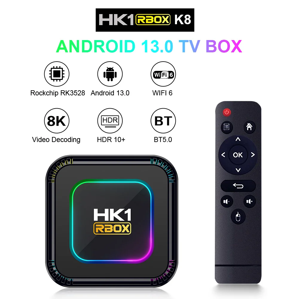 HK1 RBOX K8 Android 13.0 TV Box RK3528 Quad Core 2G/16G 4G/32G 64G 2.4G 5G Dual WIFI6 H.265 8K UHD Youtube Smart Media Player