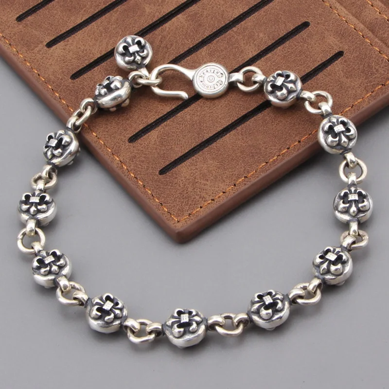 S925 Sterling Silver Jewelry Vintage Palace Boat Anchor Children's Military Flower Ball Couple Bracelet Men's and Women's Fashio