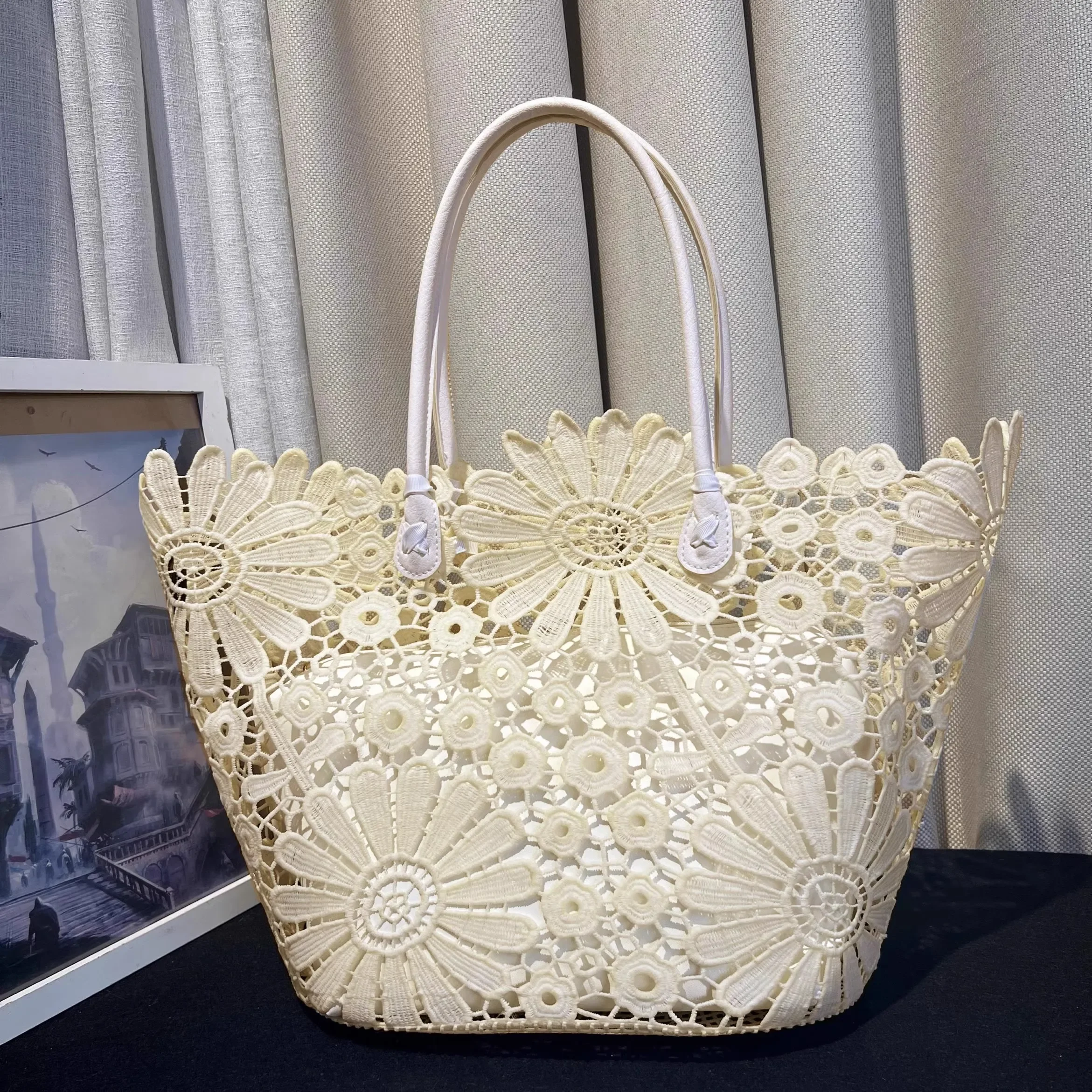 Milk White Floral Lace Featured Carrty Tote Bags Vocation Holiday Shopping