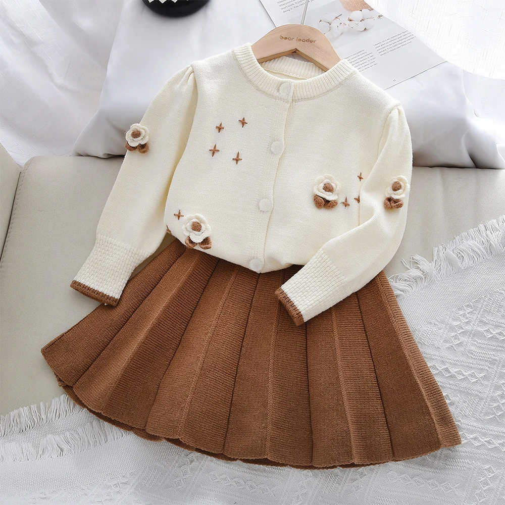 Herbst Winter Mädchen Pullover Set Blume Dekoration Lange Ärmeln Strickjacke + Rock Nette College Stil kinder Kleidung