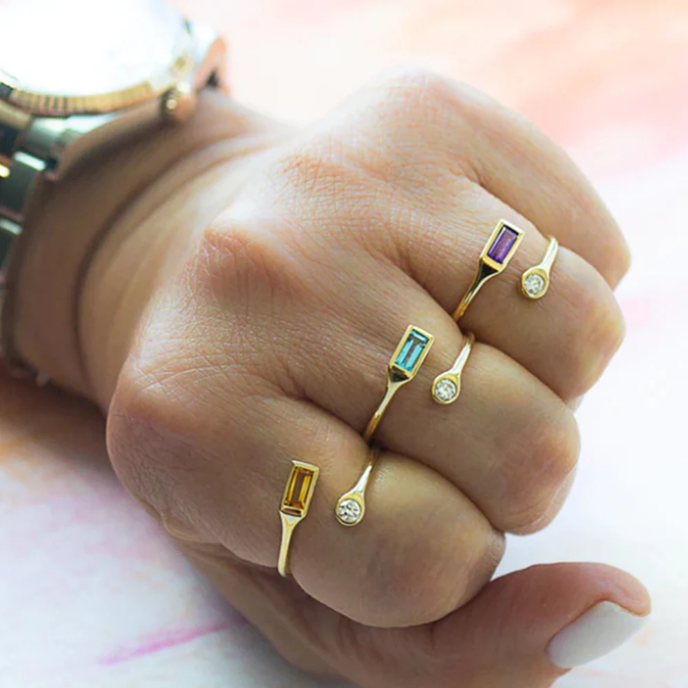 925 Sterling Silver Opening Rings Colorful Square Zircon Cocktail Ring For Women Girls Unique Hiphop Party Jewerly