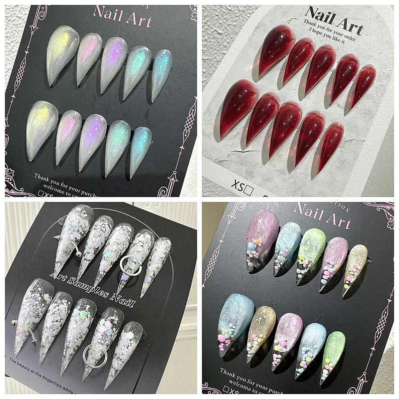 

10PCS Handmade Short Cat Claws Press On Nails Long Dragon Shape Claw Acrylic False Nail Stickers Rhinestone Fake Nail With Glue