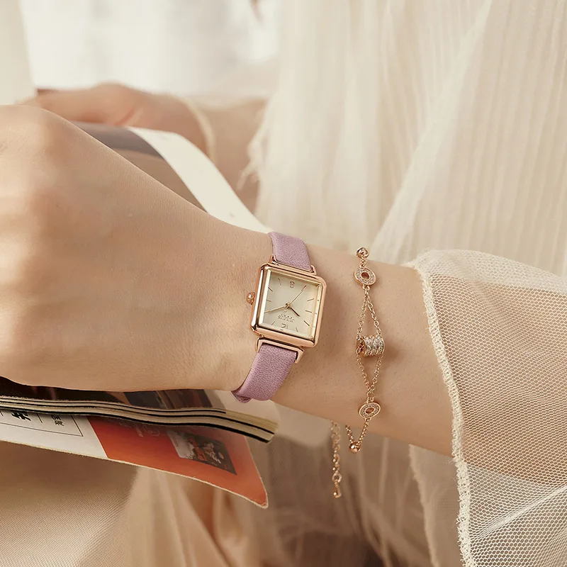 New Julius Lady Women\'s Watch Japan Quartz Elegant Small Square Fashion Hours Bracelet Real Leather Girl\'s Birthday Gift Box
