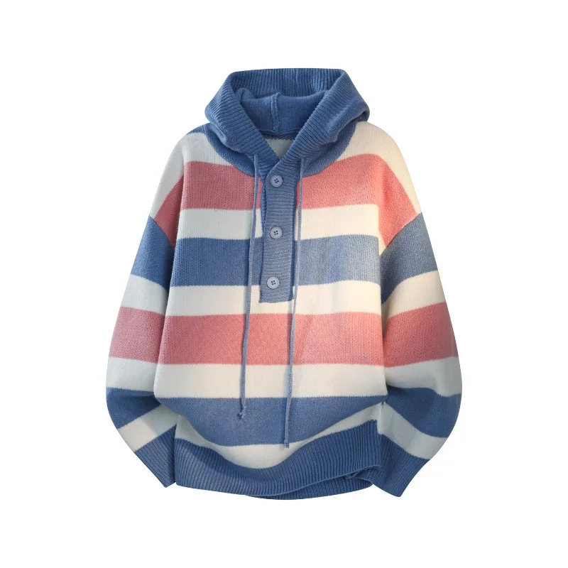Men's Striped Hooded Knit Sweater Autumn Winter Color Block Button Drawstring Long Sleeve Loose Pullover Casual Knitwear Jumper
