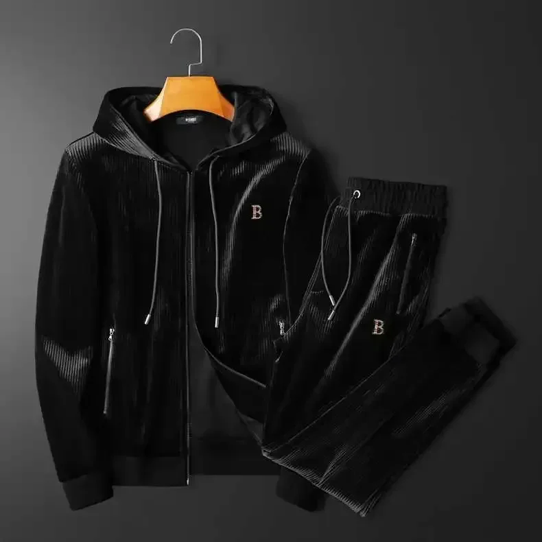 2024 New High End Leisure Sports Hooded Set Men's Gold Velvet Two Piece Set Loose Autumn and Winter New Men's Wear