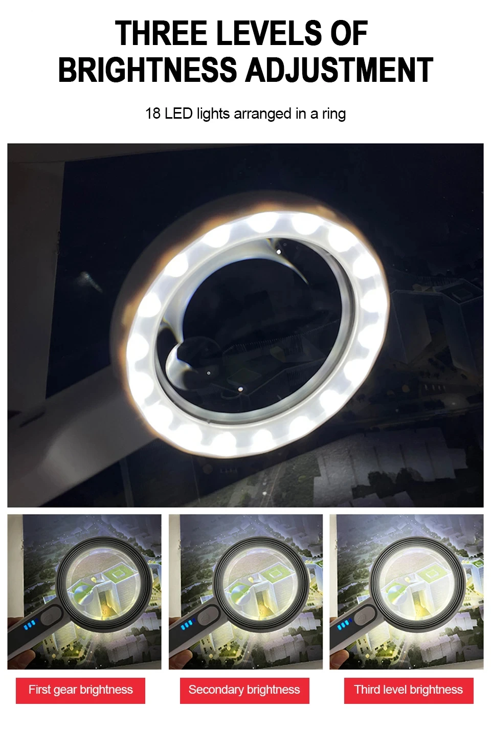 Wiederaufladbare Handlupe, 3 Beleuchtungsmodi, beleuchtete Lupe mit LED-Licht für Senioren, Lesereparatur – Detail 7