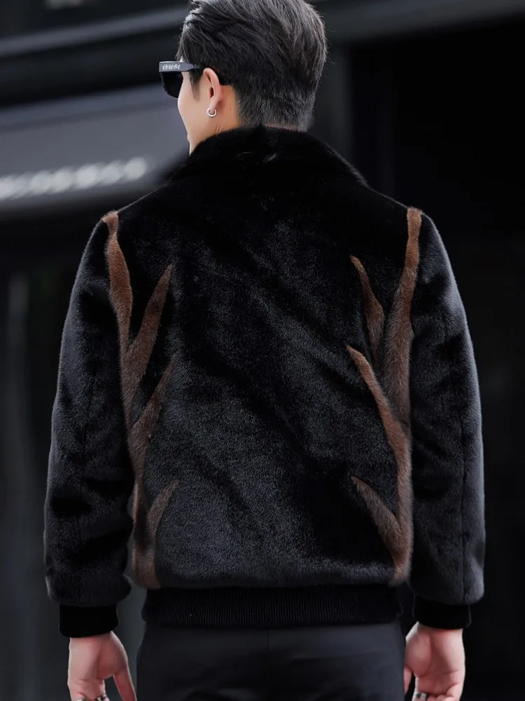 Men Genuine Leather Spliced Artificial Fur Outerwear Slim Fit Winter Coat Real Mink Fur Collar Spliced Jackets Zip Lapel Coats