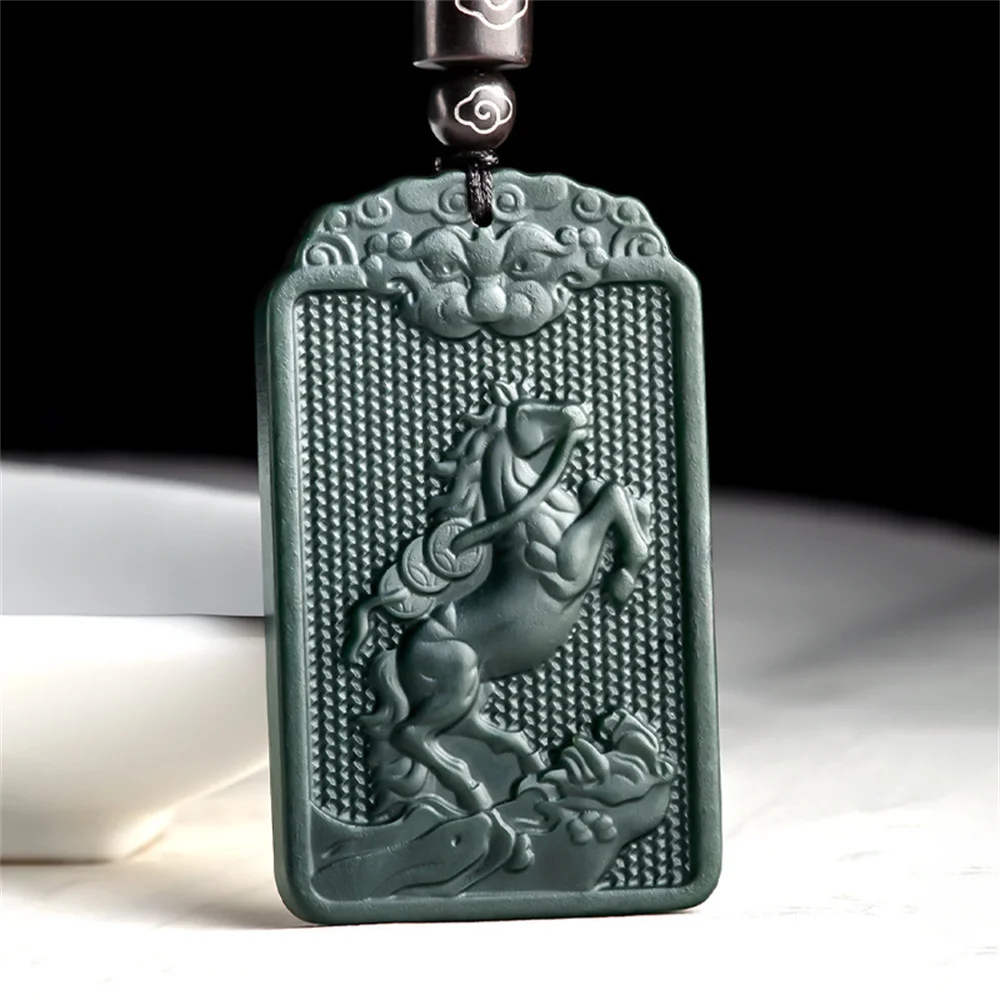 

Retro Natural Black HeTian Jade Carved Chinese Coin Horse Lucky Pendant Amulet Necklace Certificate Party Luxury Jade Jewelry