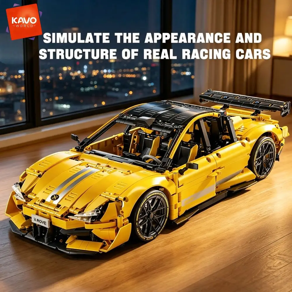 KAVOWORLD 2143pcs Yellow 1:10 Building Block Racing Car Sports Supercar Road Coupe Drift Vehicle Construction Kit with Movable Doors Adjustable Rear Wing DIY Assembly STEM Toys Home Desk Decor Hobby Christmas Halloween Birthday Gift for Adults Teens 14+