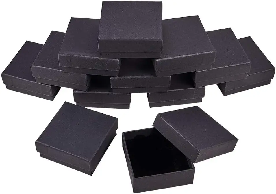 12 Pack Kraft Square Cardboard Jewelry Boxes Necklace Ring Earring Kraft Box for Jewelry Set 3.34x3.34x1.37 Inch Black